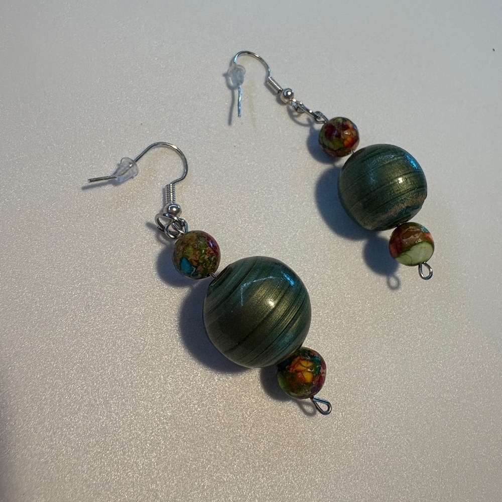 Elegant Handmade Green and Multicolor Beaded Earrings